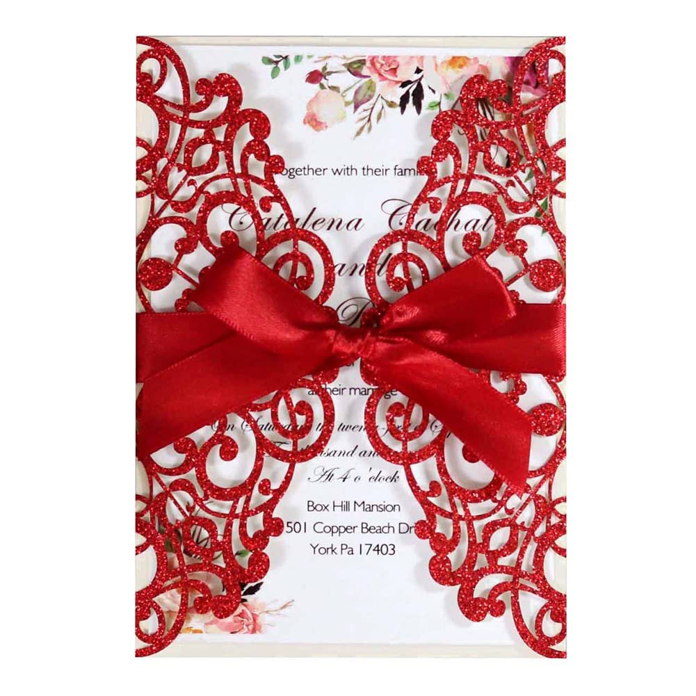 MoreChioce 25 tarjetas de invitación de boda florales, elegante tarjeta de felicitación de regalo personalizada con tarjetas de invitación en blanco y lazo para invitaciones de boda, color rojo