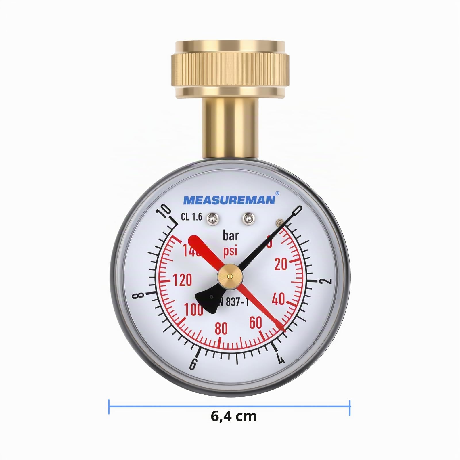Manomètre de test de pression d’eau, filetage femelle 3/4" BSP pour tuyau, 0-10 bar avec aiguille témoin rouge.