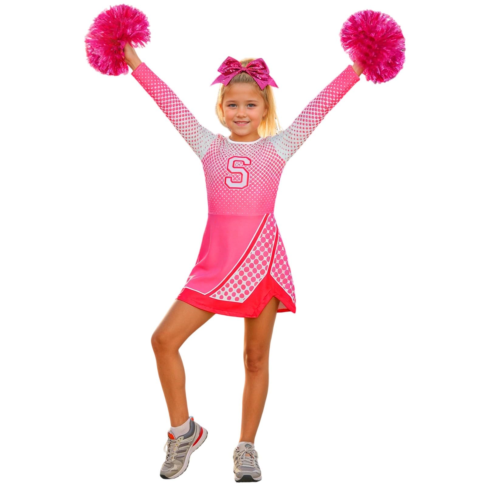 Kostüm Cheerleader Mädchen Cheerleader Kostüm Mädchen Karneval Uniform Fasching Party Kostüm mit Overall Top Haarband mit Schleife Handblumen