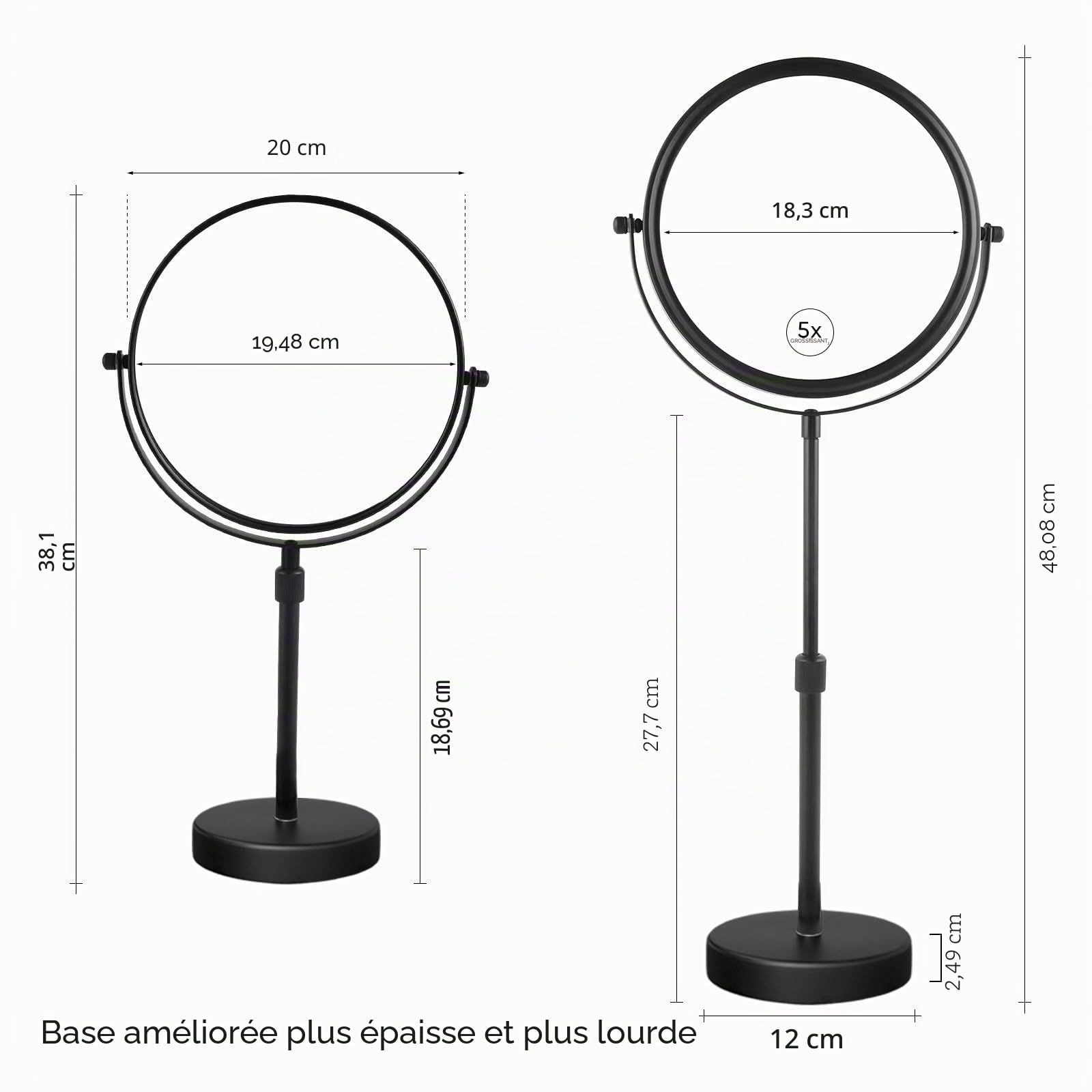 Nicesail Miroir de Table réglable en Hauteur sur Pied Miroir grossissant 5 x Miroir de Rasage pivotant sur Pied Double Face Ø 20 cm