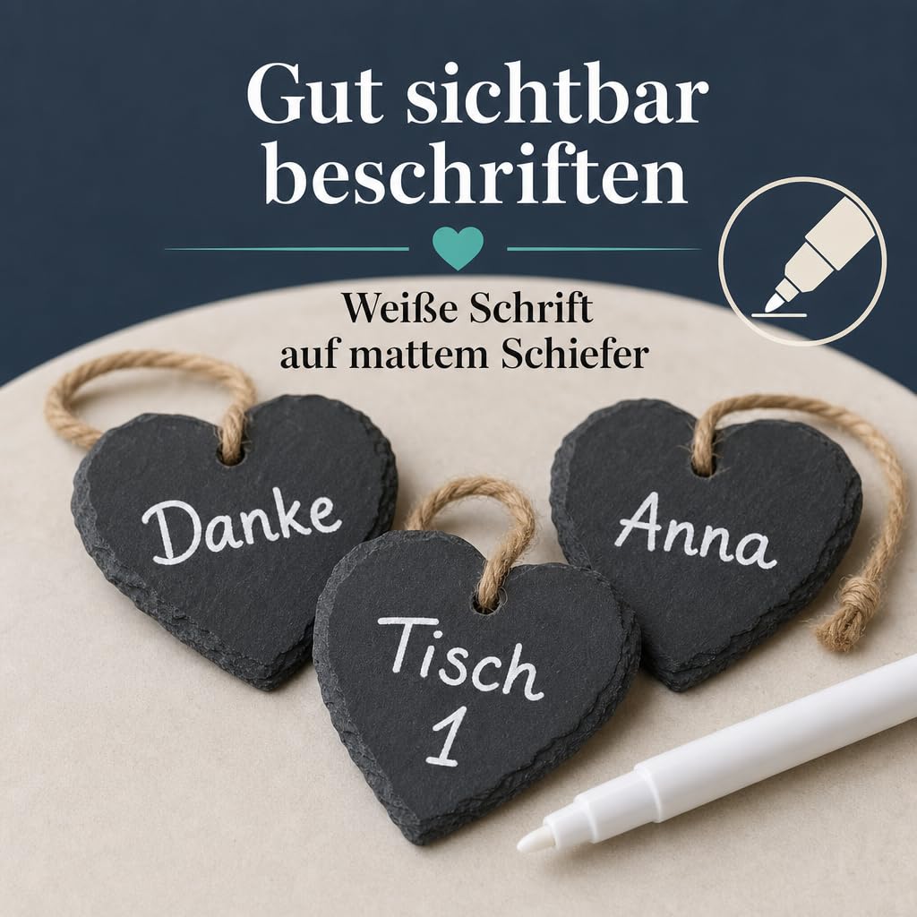 MIJOMA Schieferherzen 7x7cm – 18er Set Anhänger aus Naturschiefer mit Juteband in Holzbox – DIY Dekoration & Geschenkanhänger beschriftbar, rustikal & kreativ