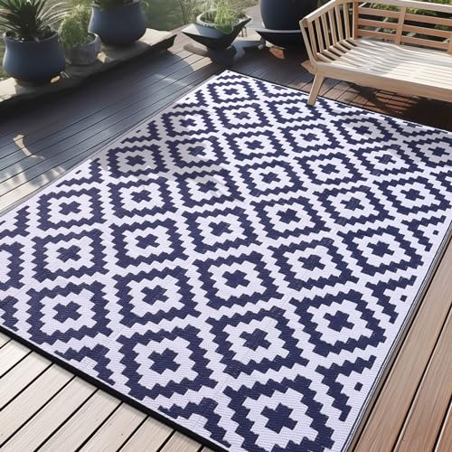 Homaxy Outdoor Teppich Wetterfest, Kunststoff Stroh UV-beständig Wendbar Faltbar Waschbar Balkon Garten Teppich für Terrasse Camping Picknick (180 x 270 cm, Marine Blau & Weiß)