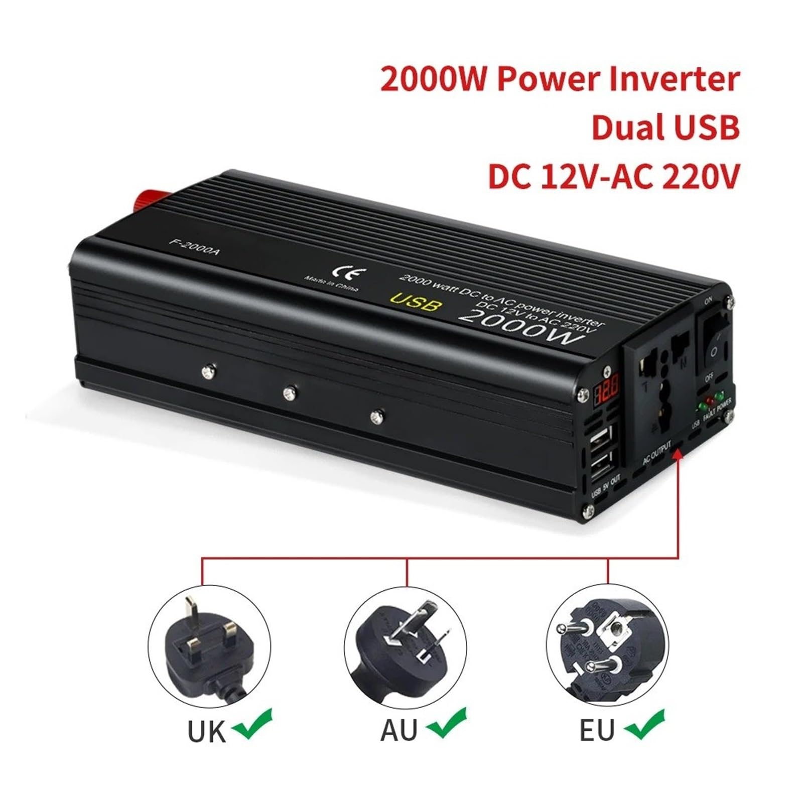 Inversor Corriente para Coche 1500 W 2000 W 2600 W CC 12 V A CA 220 V Adaptador Batería Universal 60 Hz Transformador(2000W A,DC24V)
