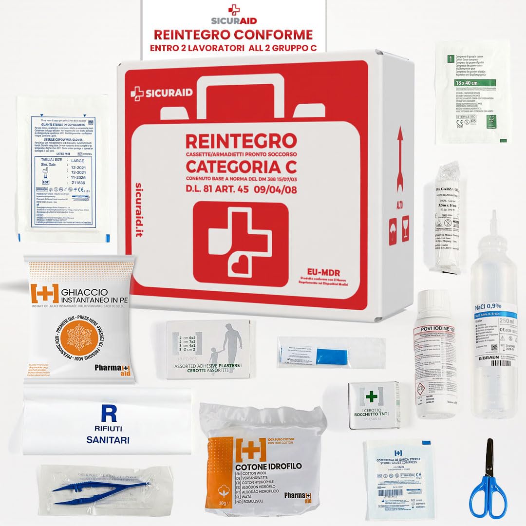 SICURAID Kit di Reintegro Pronto Soccorso Allegato 2 Gruppo C – Per Aziende fino a 2 Dipendenti – Lavoratori Conforme DM 388/2003 – Fornitura Ricambi Cassetta Medica