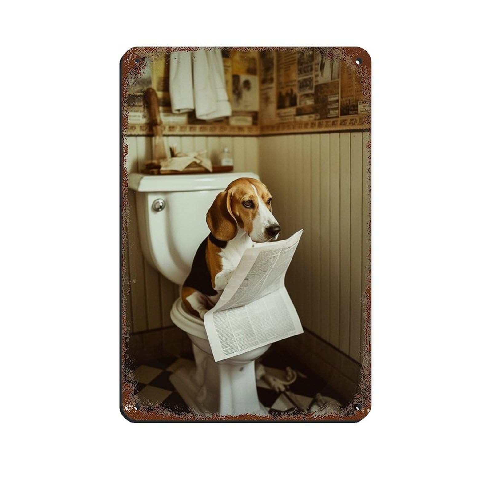 Beagle on Toilet Reading The Newspaper Tin Sign Vintage Metal Pub Club Cafe Bar Home Wall Art Decoration Poster Retro 8x12inch(20x30cm)
