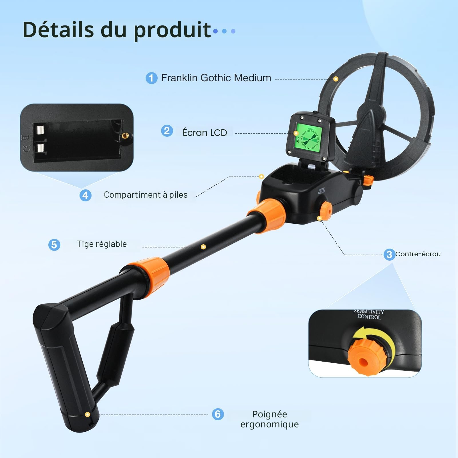 Detecteur de Metaux Enfants, Détecteur de Métaux Léger pour Enfants avec Écran LCD et Son, Bobine étanche IP68, Detecteur Metaux Enfant de Haute Précision avec Râteau, Pelle, Sac à Dos