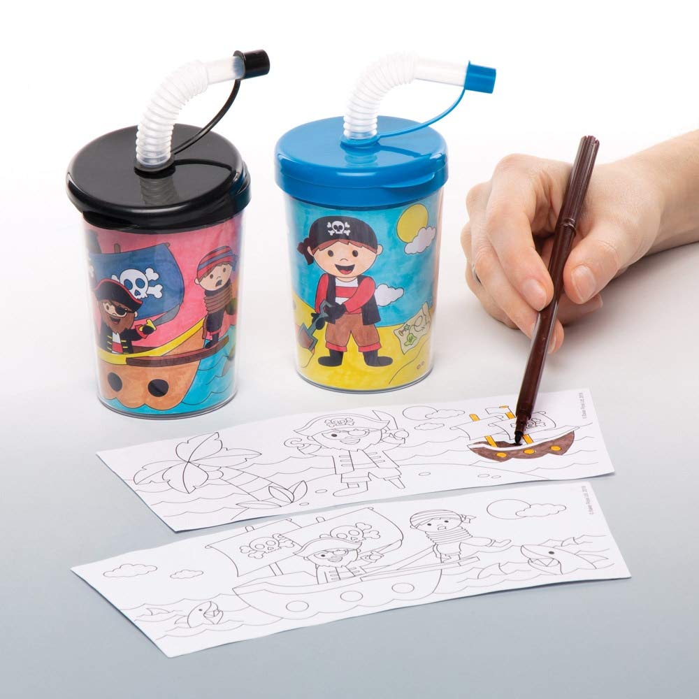 Baker Ross Colour In Pirate Bendy Straw Travel Cup for Kids, Great Colour In Projects for Arts and Crafts Activities for Kids (Pack of 3)
