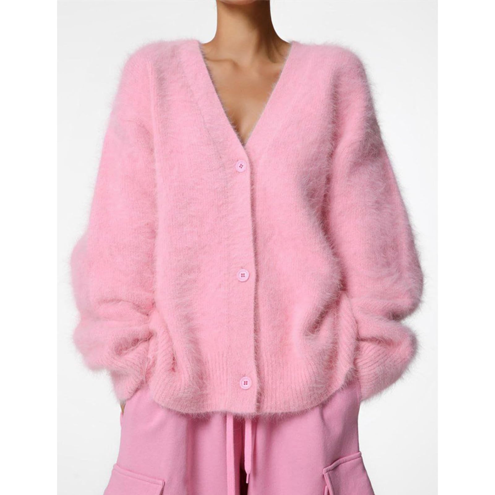 Cárdigan de Mohair Suave para Mujer Abierto por Delante Cuello en V con Botones Manga Larga Suéter Suelto con Hombros Caídos