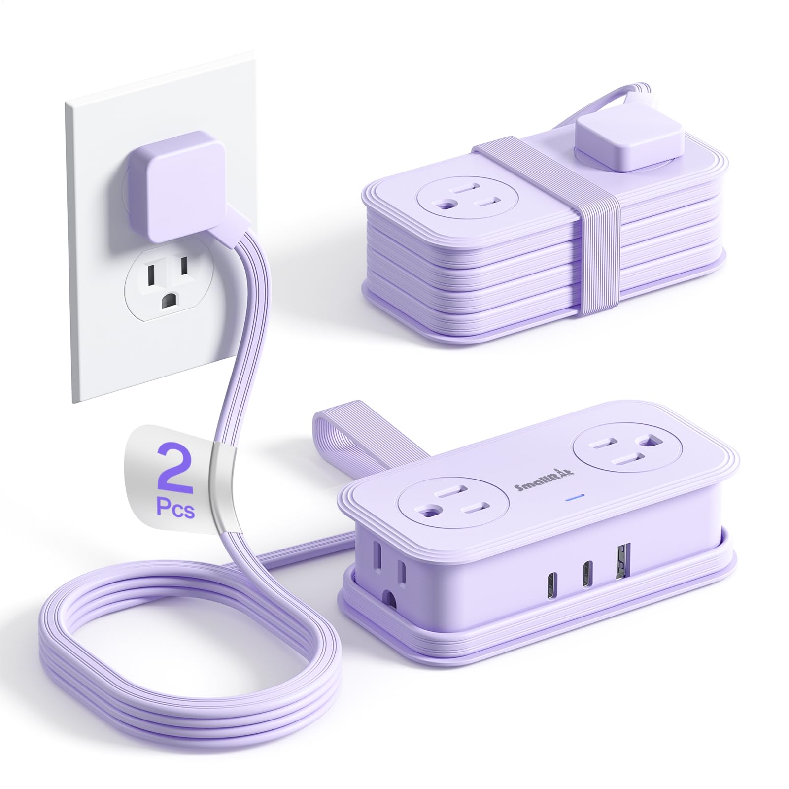 SMALLRT Tragbare Mehrfachkontakt-Steckdosenleiste, 7-in-1, 2 Stück, Flachstecker mit aufgerolltem Kabel, 0,98 m, elektrische Verlängerung mit 3 USB (2 USB C) für Reisen, Hotel, Kreuzfahrt, Violett