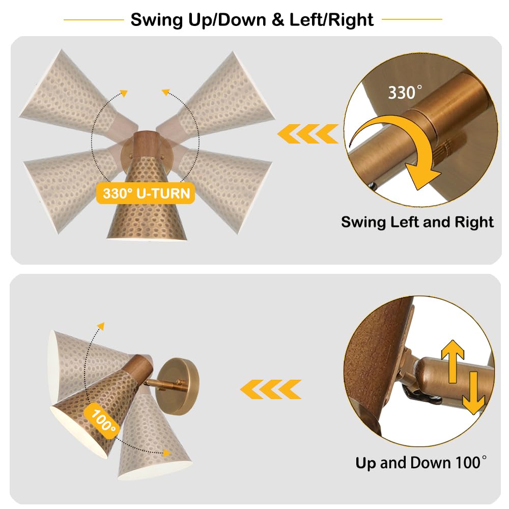 DSMJFU Gold Wall Sconces set of Two, Vintage Rotateable Wall Light set of 2, Bedside Sconces Wall lamp with Hammered Metal Shade, Modern Brass Wood Sconce wall lighting for Bedroom Living Room Hallway