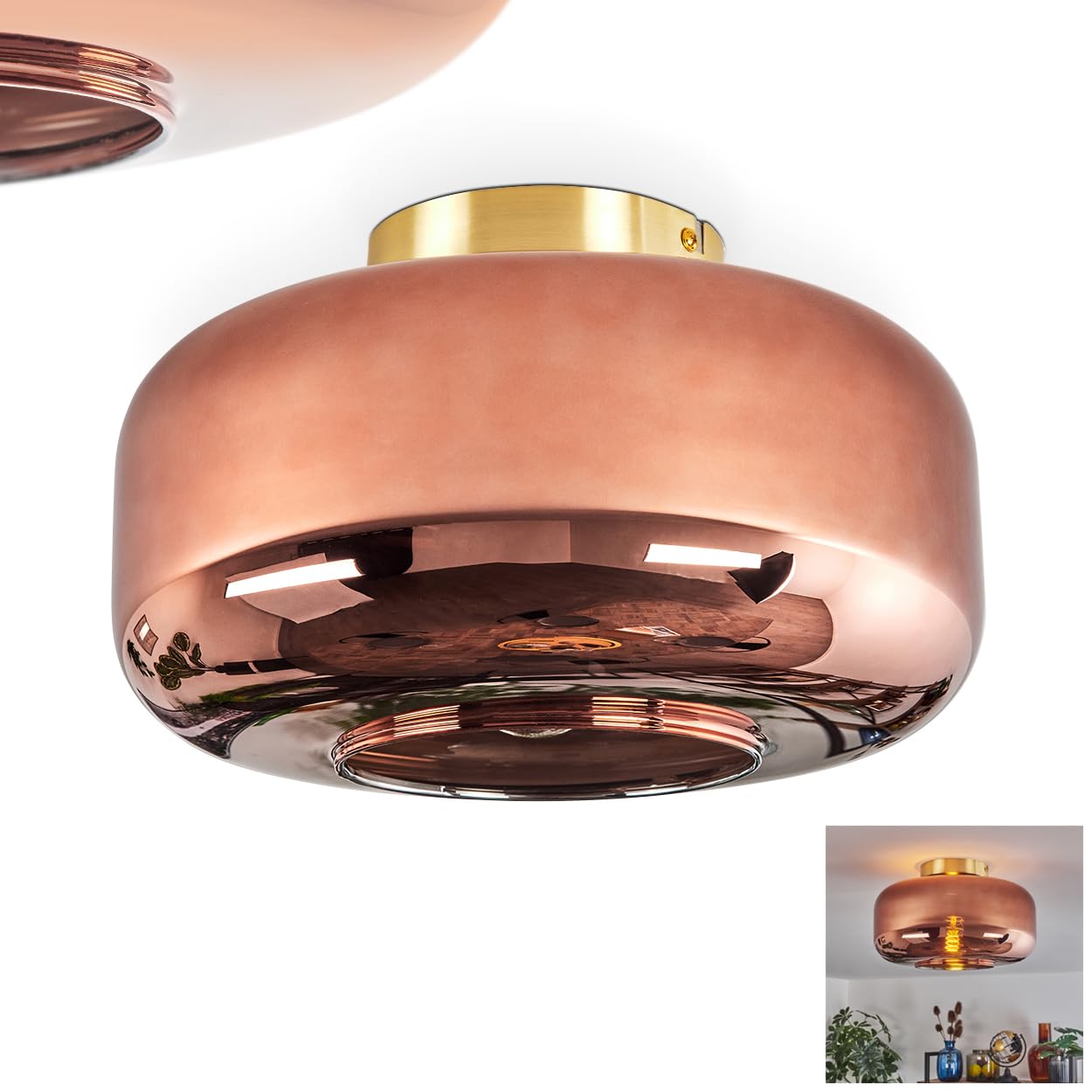 Plafonnier HOFSTEIN Boza, plafonnier rond en métal/verre couleur laiton/cuivre, luminaire au design rétro/vintage moderne avec abat-jour en verre (Ø 28 cm), 1 x E27, sans ampoule