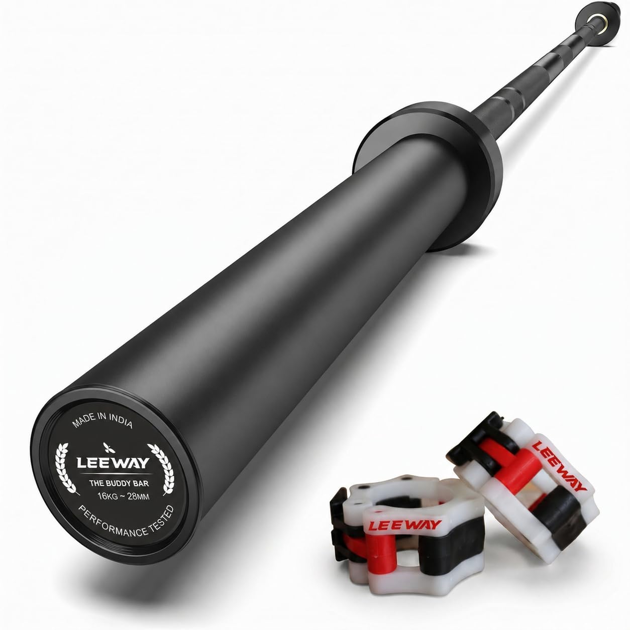 LEEWAY Olympic Barbell Rod 7 Feet 16kg Gym Rod | Weight Lifting Bar for Powerlifting | 50mm Sleeve, 28mm Grip | Black Straight Bar Bell for Squats, Deadlifts, Bench Press | Home Gym with Clamp | Black discount deal