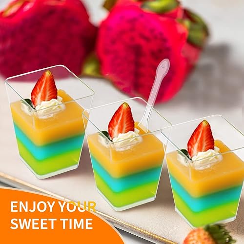 Miniatura 6 de Oomcu Paquete de 50 tazas cuadradas de plástico transparente de 5 onzas con cucharas – Vasos desechables para aperitivos para fiestas, yogur