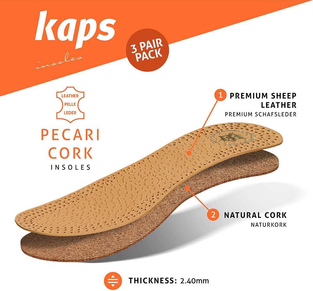3 Pair Pack Shoe Insoles Made of Vegetable Tanned Sheepskin Leather and Natural Cork, Elegant and Comfortable, Kaps Pecari Cork Set (Women / 6 US / 37 EUR) - Image 3