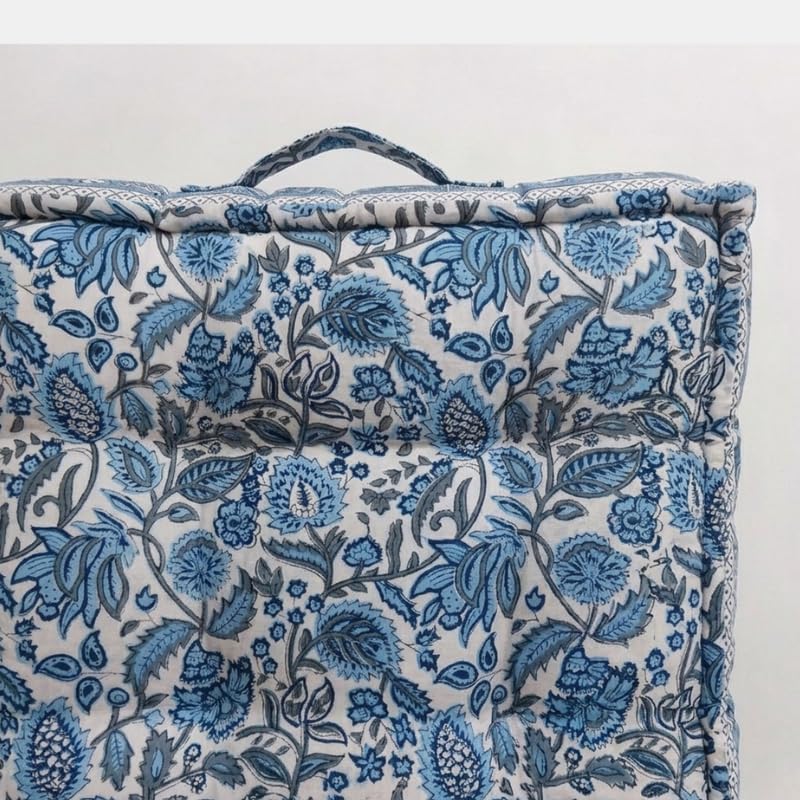 Image of Low Seating Floor Cushion 70 x 152 cm with 2 Back Support Cushions | Thick Quilted Cotton Floor Mattress Pad | Floral Printed Gadda for Sitting, Meditation, Yoga & Living Room Floor Seating
