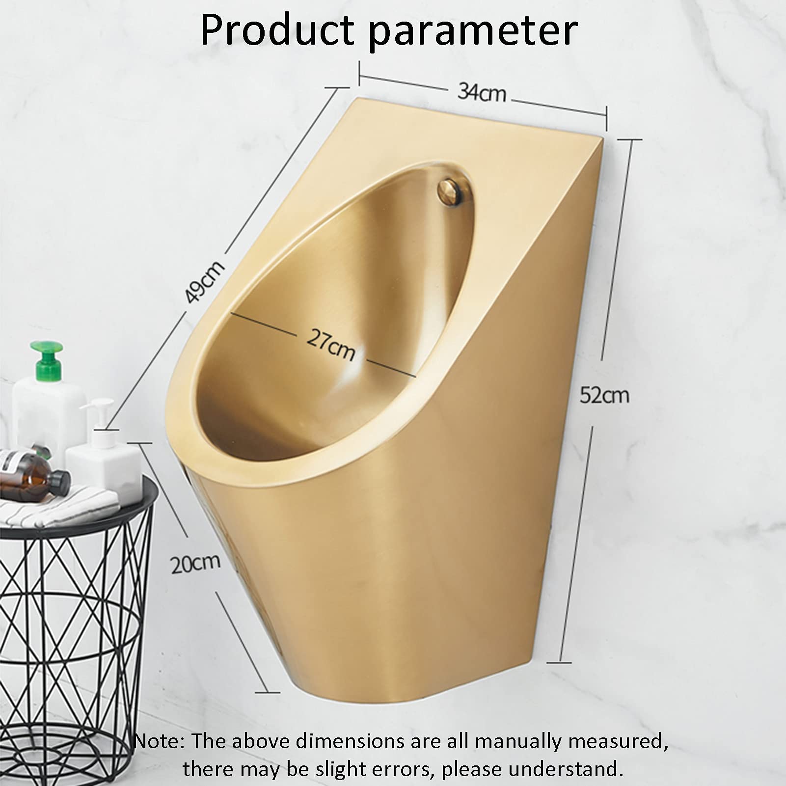 DFEDHF Commercial Small Stainless Steel Urinals, Household Wall-Mounted Integrated Urinals, Men's Toilets with/Without Smart Sensors, Golden Vertical Drainage Public Toilets, Su(Golden Single Urinal)