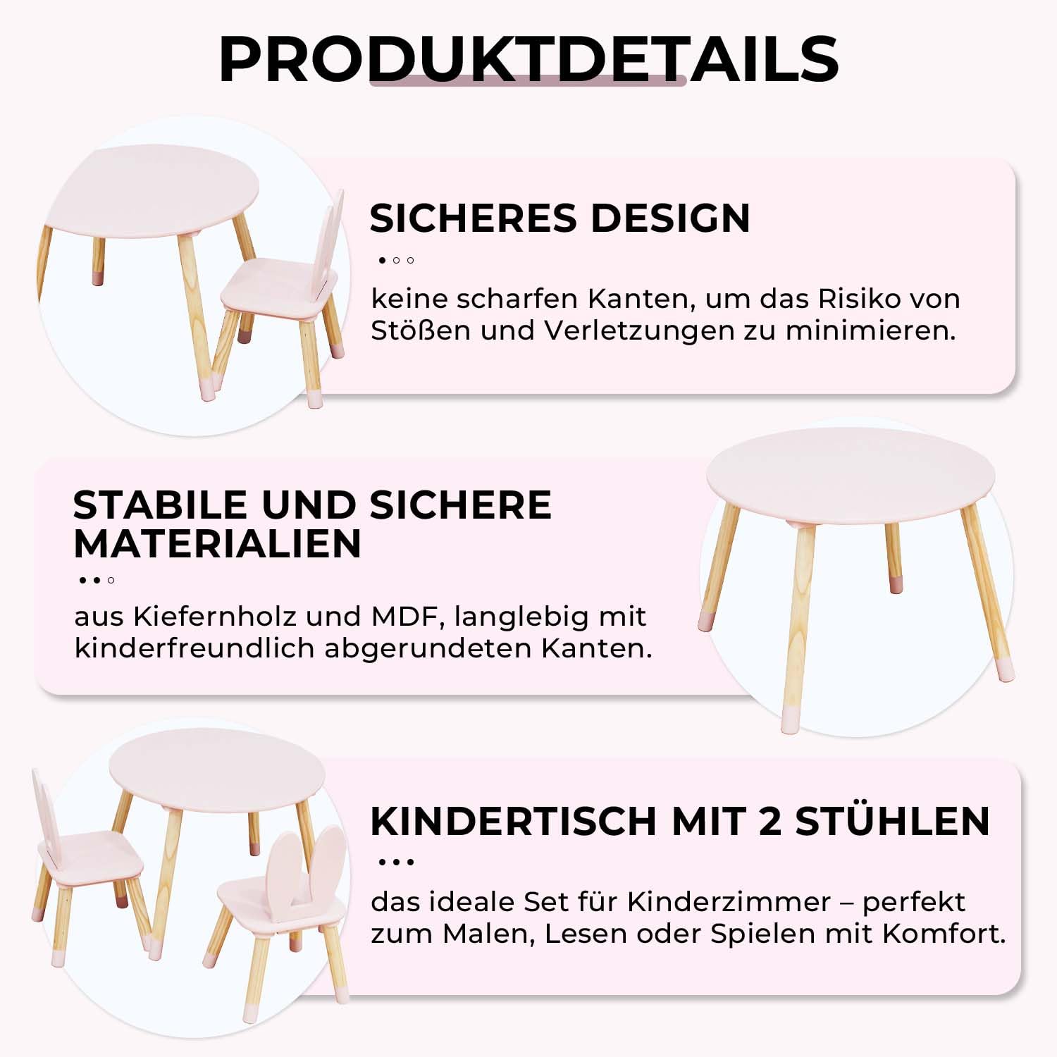Rebecca Mobili Set mit Tisch und 2 Stühlen für Kinder, Tisch für Kinder mit Sitzen, rosa braun, MDF Kiefer, für Kindergarten – Maße: 44 x 60 x 60 cm / 50 x 28 x 25 cm – Art. RE7017