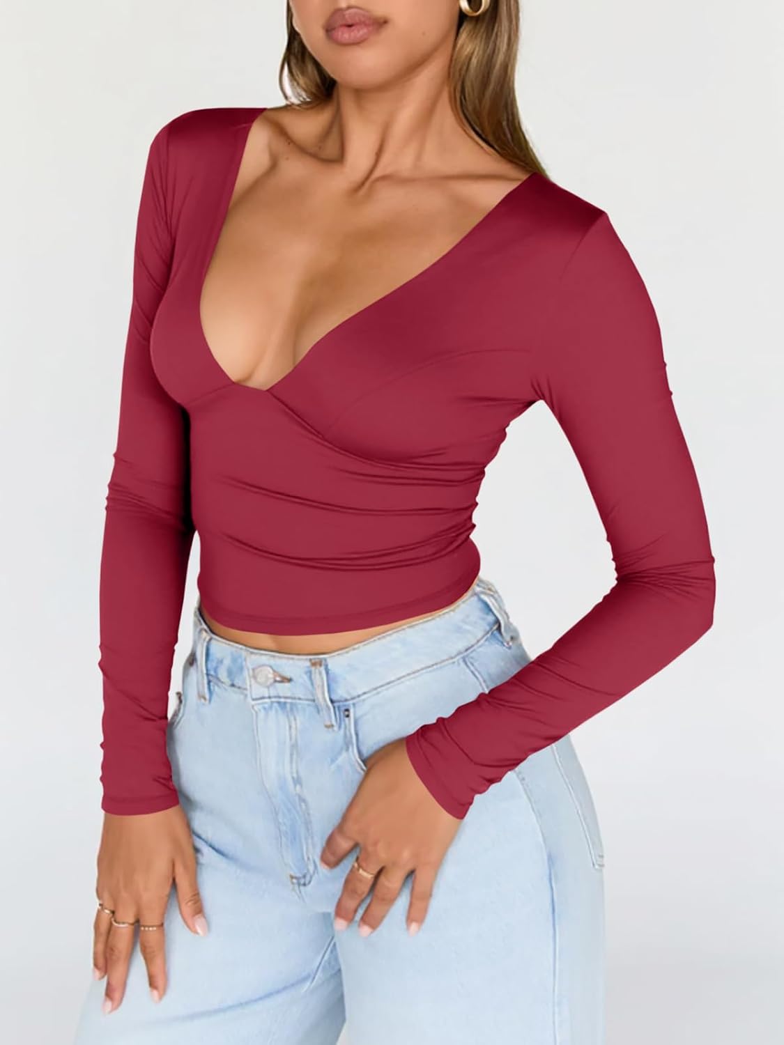 Tankaneo Women's Deep V Neck T Shirts Sexy Long Sleeve Casual Going Out Cropped Tops Slim Fitted Y2K Outfits - Image 5