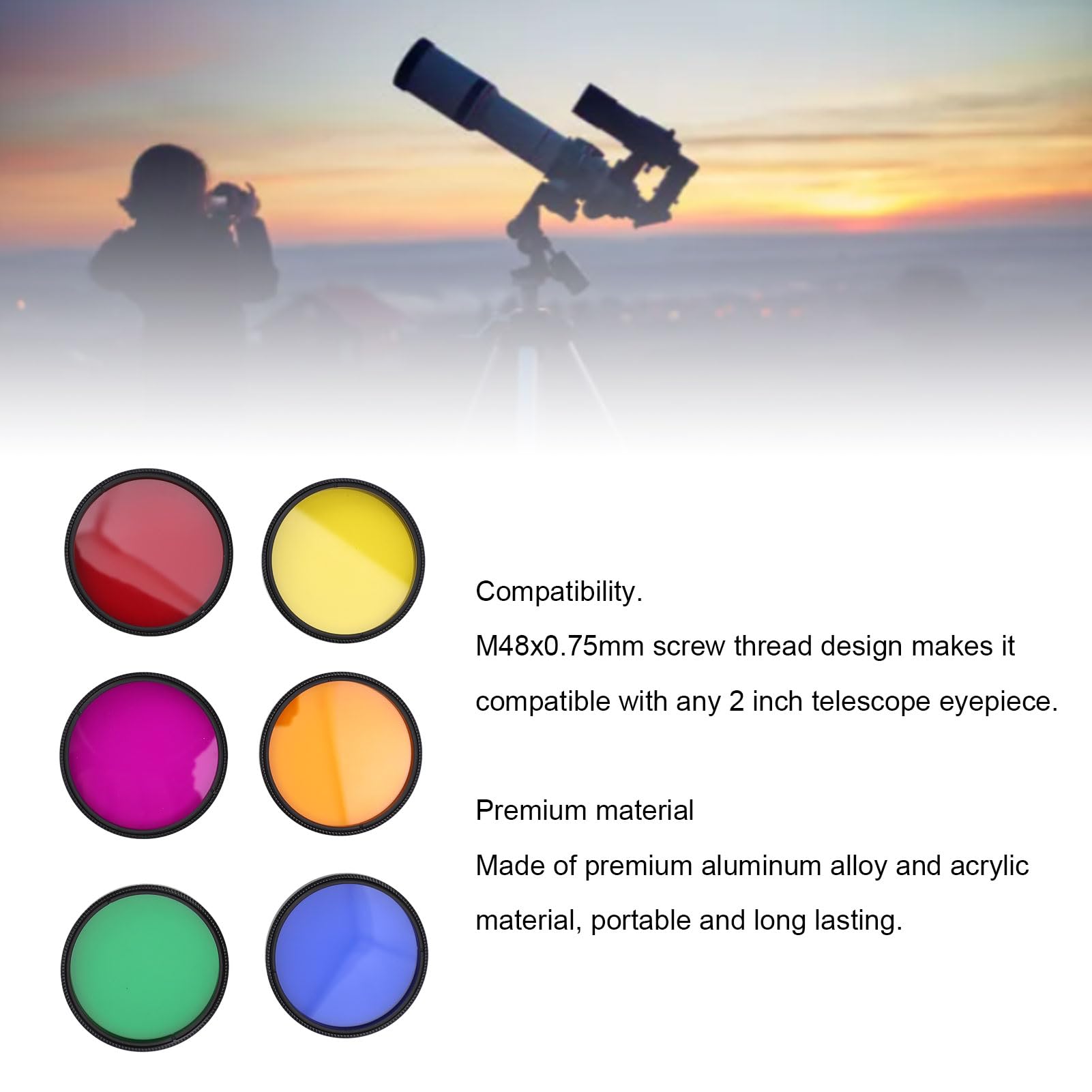 Set di Filtri per Oculare per Telescopio, Set di Filtri Lunari per Oculare Telescopico Kit di Filtri Lunari Colorati Filtro Nebuloso per Telescopio da 2 Pollici per