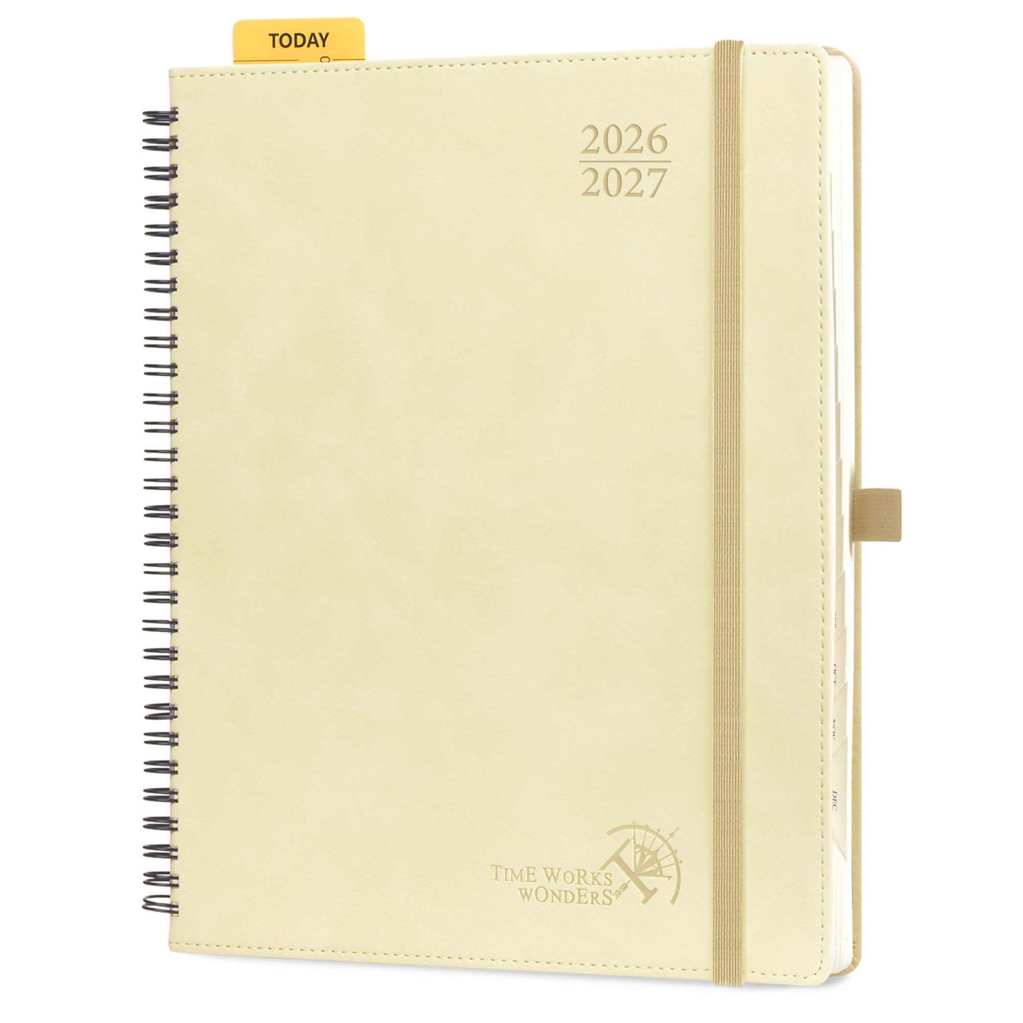 POPRUN 주간 플래너 2026-2027(7월 26일-6월 27일), 라지-21.6 x 26.7cm(8.5 x 10.5인치), 학업 의제 2026-2027 캘린더 노트북 플래너, 학교, 대학, 나선형 가죽 소프트 커버, 100GSM - 베이지