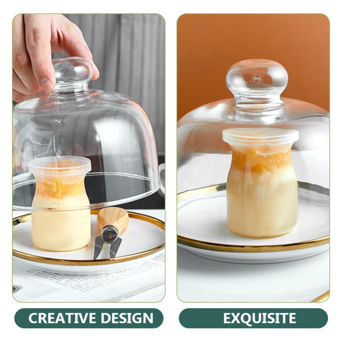 iplusmile Cúpula de Pastel Transparente con Bandeja de Cerámica para Exhibir y Proteger Postres y Tartas en Comidas Festivas y Recepciones