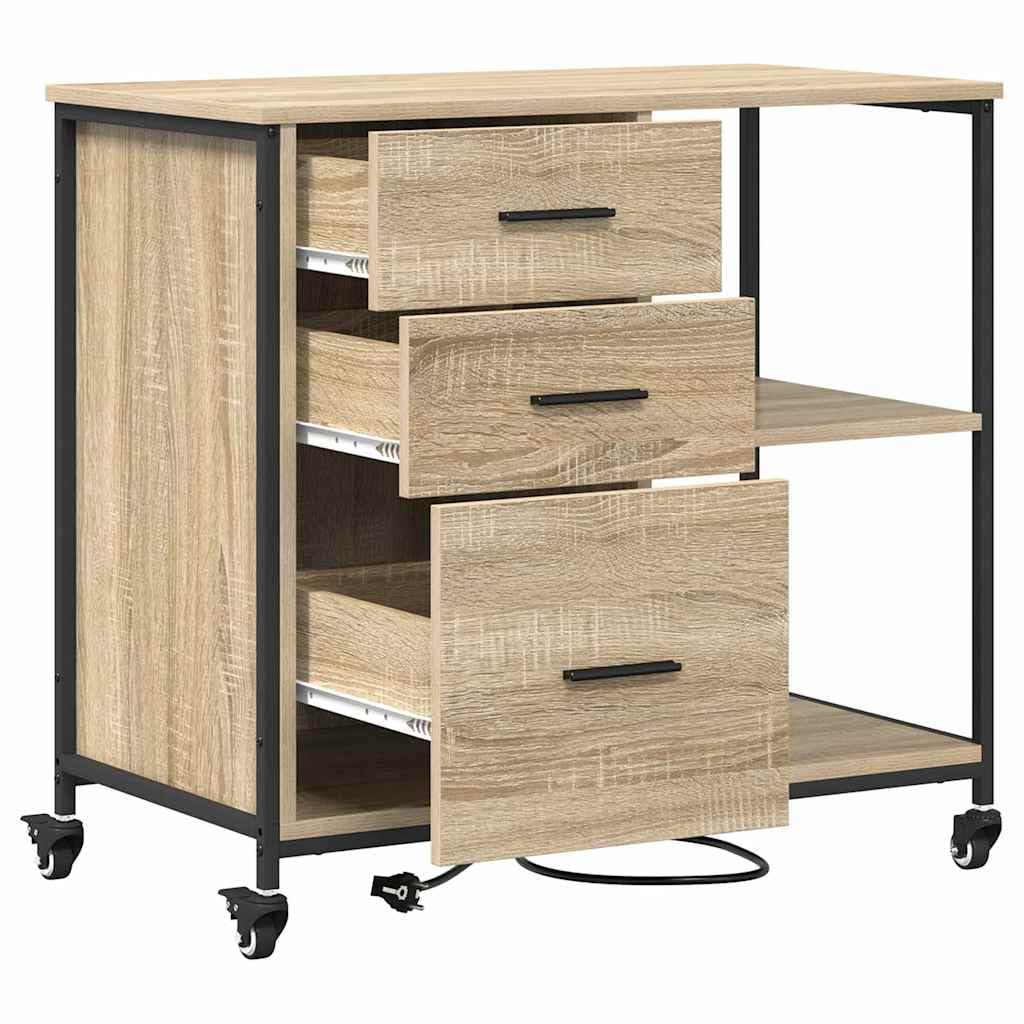 vidaXL Schrank mit Ladestation Mit Rad Sonoma-Eiche 76 x 41 x 72 cm, Moderner Büroschrank, rechteckig, mit Ladefunktion, Holz, praktische Lösungen fürs Arbeiten