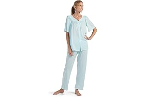 Women's Nylon Short Sleeve Embroidered Trim Pajama PJ Set
