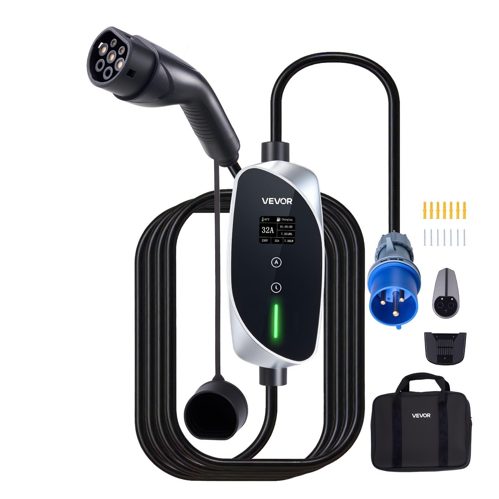 VEVOR Caricabatterie Portatile per Auto Elettriche 7,4 kW 32 A, Colonnina Portatile per Veicoli Elettrici di Tipo 2 Stazione Ricarica CEE Monofase con Cavo Ricarica 6 m Spina Schuko Schermo LCD