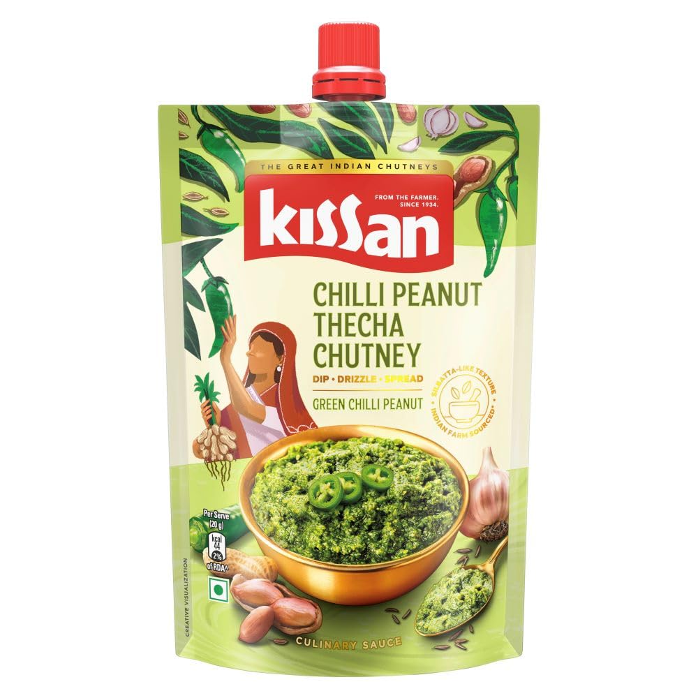 Kissan Chilli Peanut Thecha Chutney 200g| Silbatta like texture|Sourced from Indian Farms|made with Green Chilli & Peanuts |Nutty & Spicy Flavour| Ready to Eat|Pairs well with Indian Breads & Snacks|