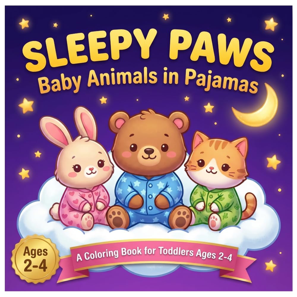 Sleepy Paws: Baby Animals in Pajamas A Coloring Book for Toddlers Ages 2-4