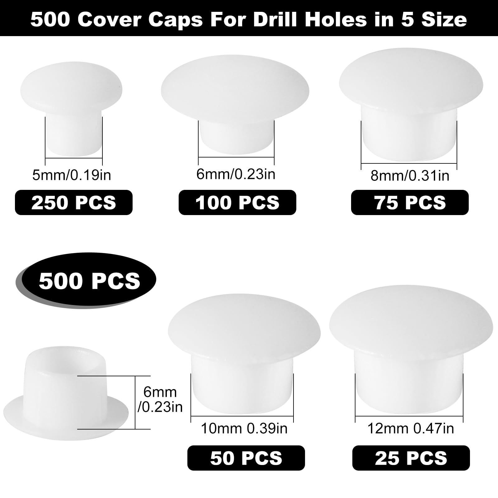 VEPEPE 500 PCS White Plastic Hole Cover Caps, 5/6/8/10/12 mm Screw Plugs for Cabinet Furniture Locking & Blanking - Image 2