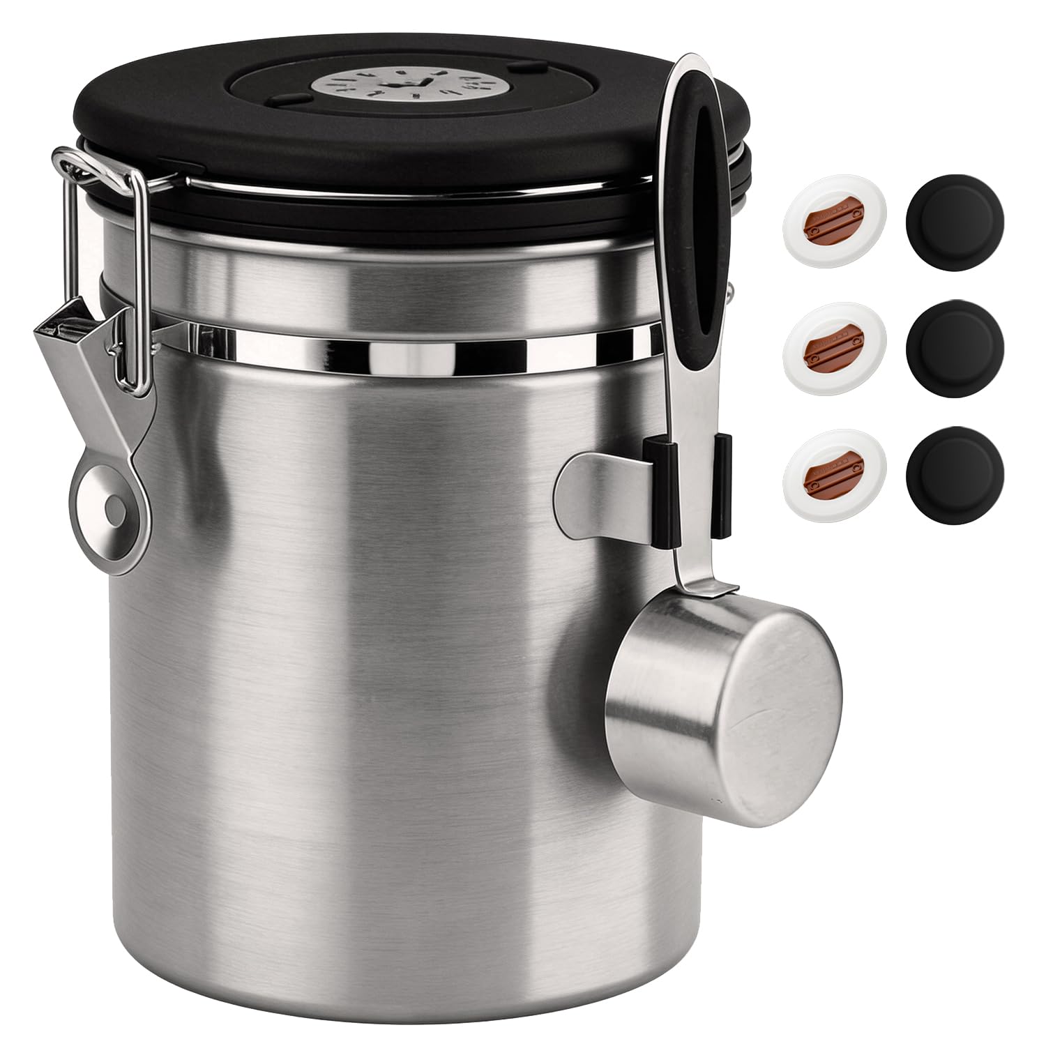ShanSon Coffee Canister Airtight, Stainless Steel Bean Storage Container with Date Tracker &amp; Scoop, Grounds Sugar Flour Tea Cereal Fits Kitchen Pantry, Ideal Gift for Coffee Lovers,22oz,Silver