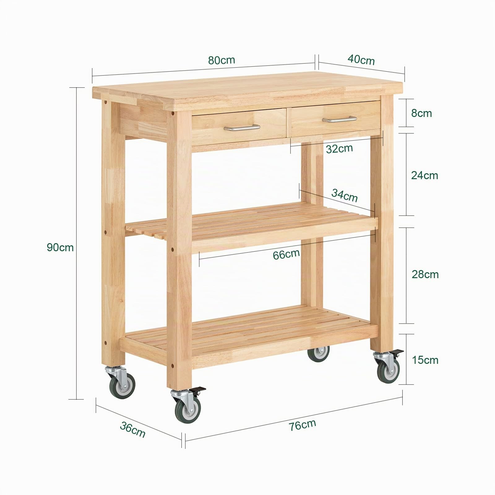 SoBuy Carrello da Cucina con Ruote, Mobile Cucina Salvaspazio in Legno Massiccio di Hevea – Mobile Soggiorno Credenza con 2 Cassetti e 2 Ripiani 80x40x90 cm FKW24-II-N