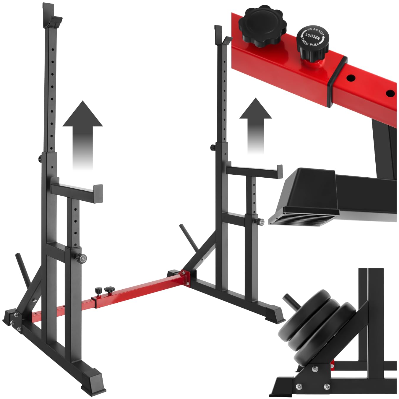 tectake® Squat Rack, Regolabile in Altezza e Larghezza, Supporti Bilanciere Superiori e Laterali con Gomma, In Acciaio, Supporti per Dischi, Cappucci Antigraffio, Diverse Dimensioni