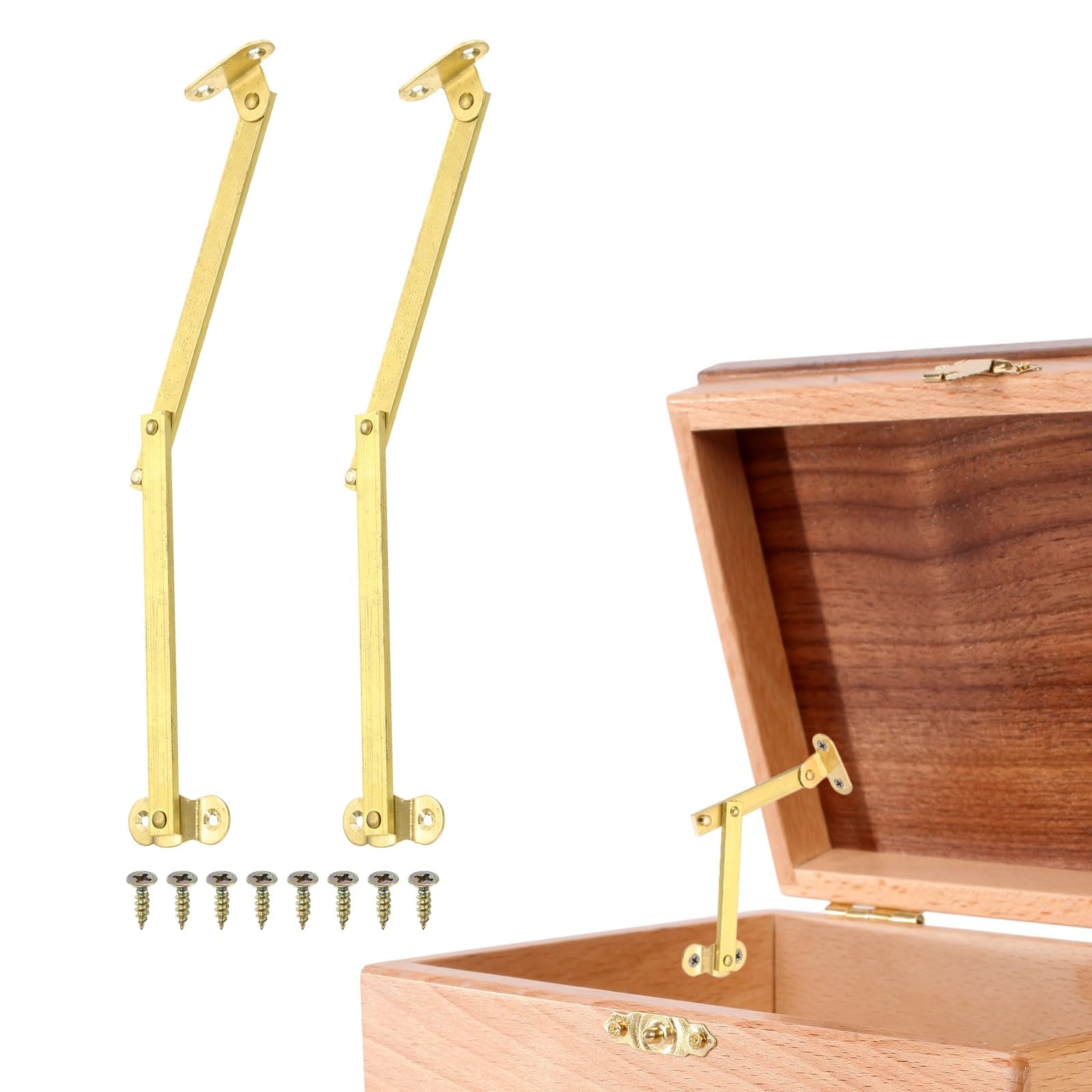 sourcing map 2Pcs Folding Lid Support Hinges, 4.9" Left and Right Side Lift Up Stay Hinge Brass Rotatable Hinges for Cabinet Wardrobe Wooden Jewelry Box Cupboard Storage Shelve, Gold Tone