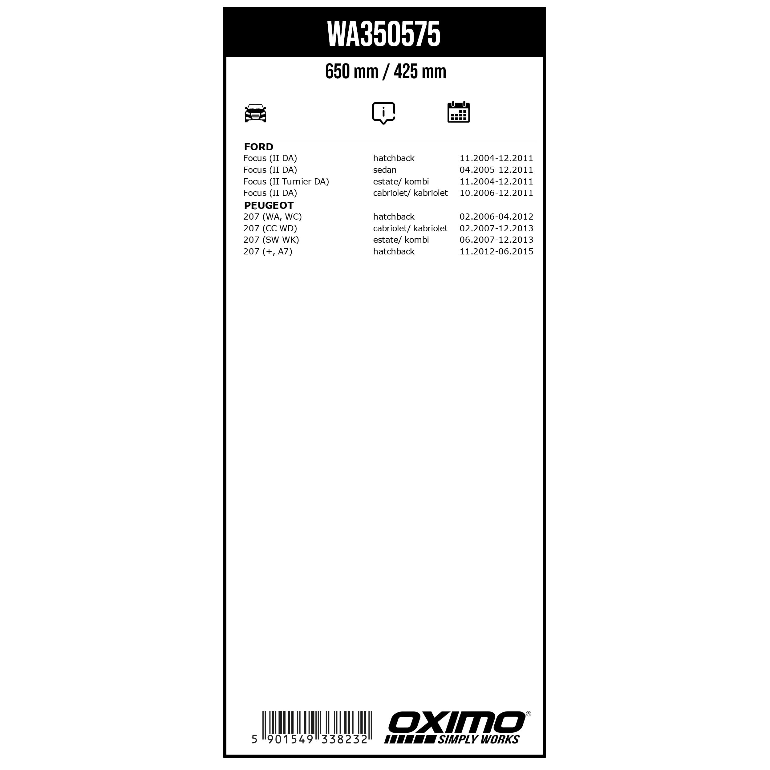 OXIMO WA350575 Silicone Edition dedykowane pióra wycieraczek wycieraczek do szyb, piór wycieraczek 2 Turnier, Focus II Cabrio, CC, SW, 207+, zestaw 2 sztuk