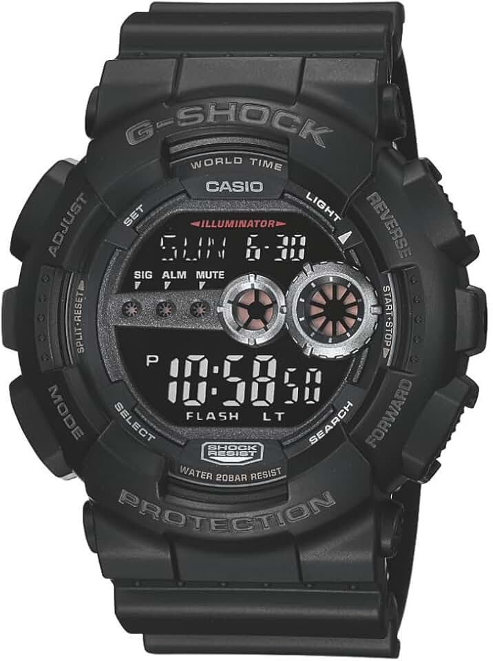G-Shock GD100-1B | Relógio digital masculino resistente | Resistente à água até 200 m | LED de alto brilho | Tempo duplo e bateria de 7 anos, Multi, One Size, Esportivo