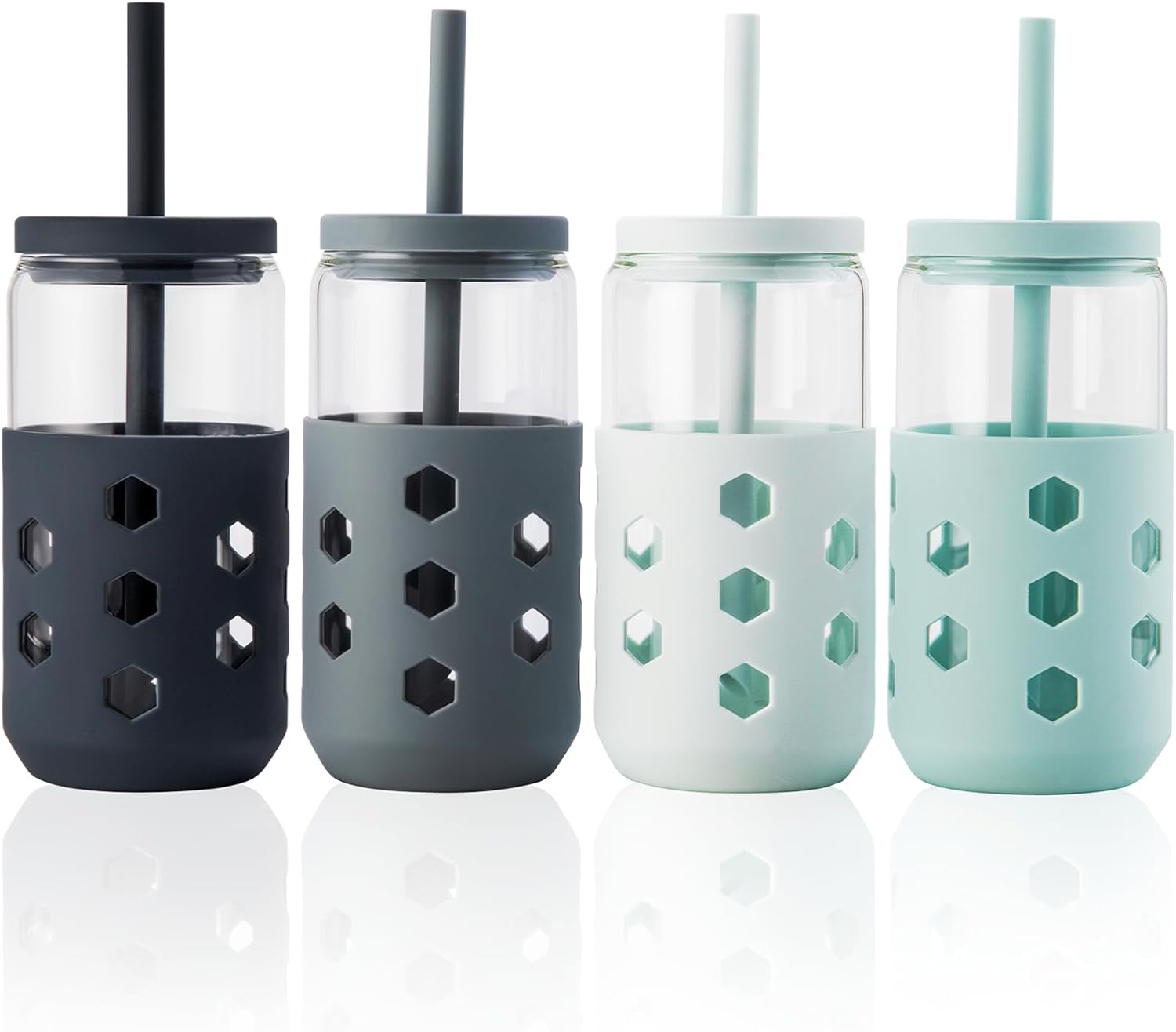 Glass Cups with Lids and Straws 4 Pcs, 16oz Glass Tumbler with Silicone Straw and Sleeve for Coffee Bar Accessory, Drinking Glasses Set Reusable Iced Coffee Cup - Smoothie Cup for Gifts