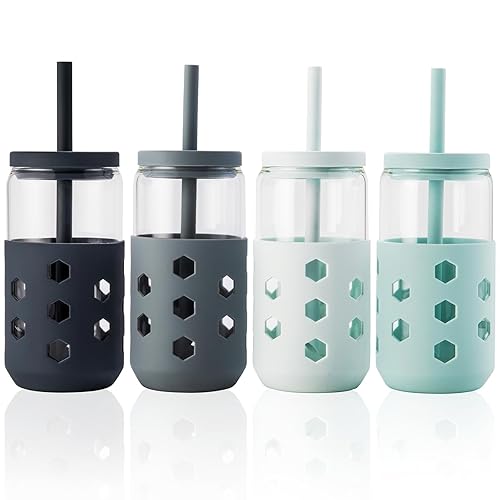 Mrsdry Glass Cups with Lids and Straws 4 Pcs, 16oz
