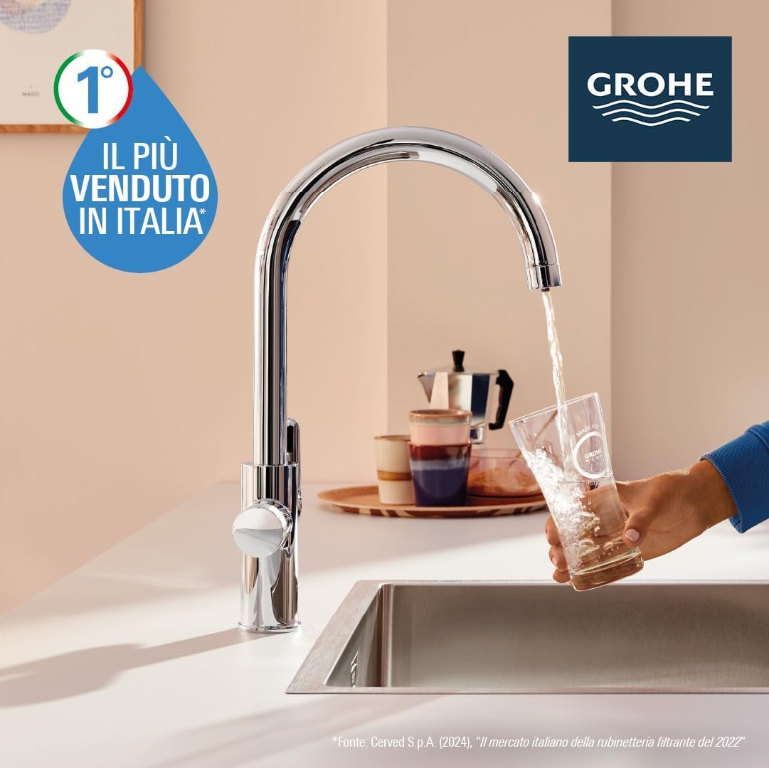 GROHE Blue Pure StartCurve Starter Kit con Rubinetto Filtro Acqua, Bocca C, Bocca Girevole 150°, Filtro Carboni Attivi, Canali Acqua Separati, Cromo, 30593000