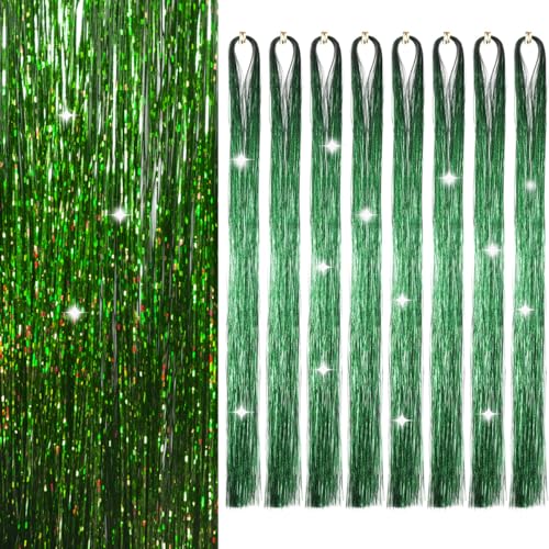 Hair Tinsel 8 Packs 1600 Strands 50 Inch Tinsel Hair Extensions Grass Green Heat Resistant Glitter Sparkling Shinny Fairy Hair Accessories for Women(Grass Green 50Inch)