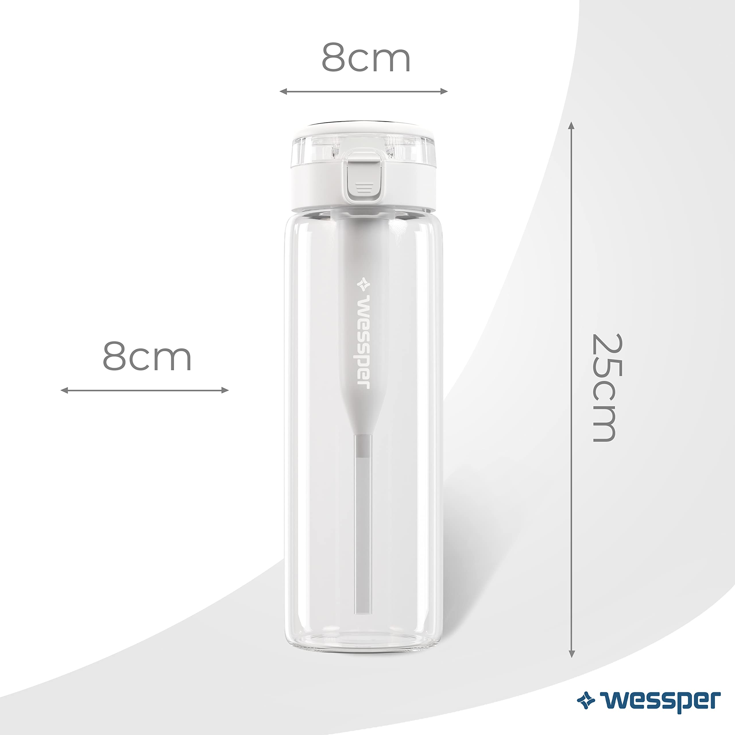 Wessper Trinkflasche aus Glas 680ml mit Wasserfilter, BPA-frei Auslaufsicher Glasflasche mit Aktivkohle Filter, Wasserflasche mit Schraubverschluss für Gym Fitness Schule Büro - Transparent