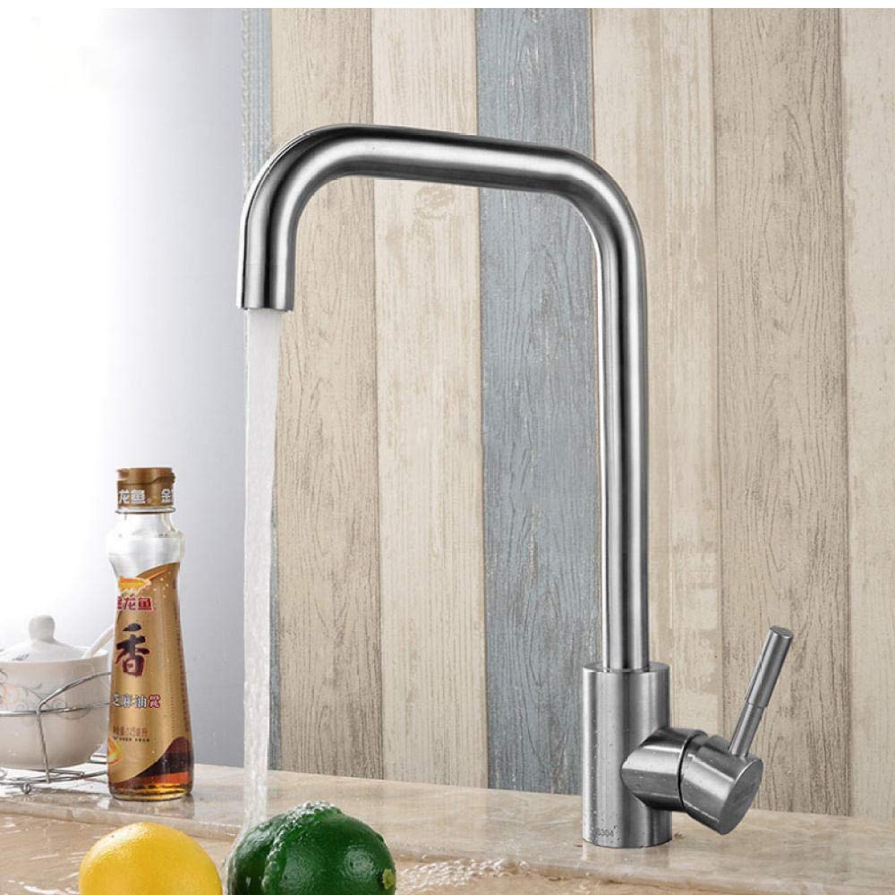 Faucet KC-303 Stainless Kitchen Sink Faucet Single Handle Rotation Spout Deck Cold and Hot Water Swivels Spout 304 Stainless Steel