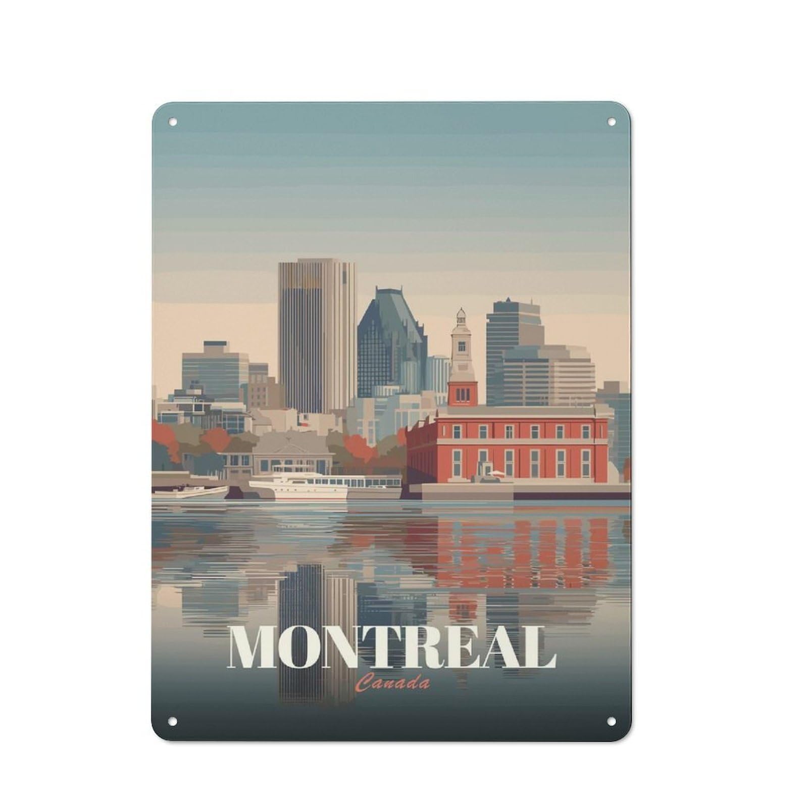 Junmoney Style-8 Tin Wall Plaque 40X30cm With Montreal Canada Cityscape Illustration For Home Office Or Studio, New Home Wall Decor For Home Office Decor Fans