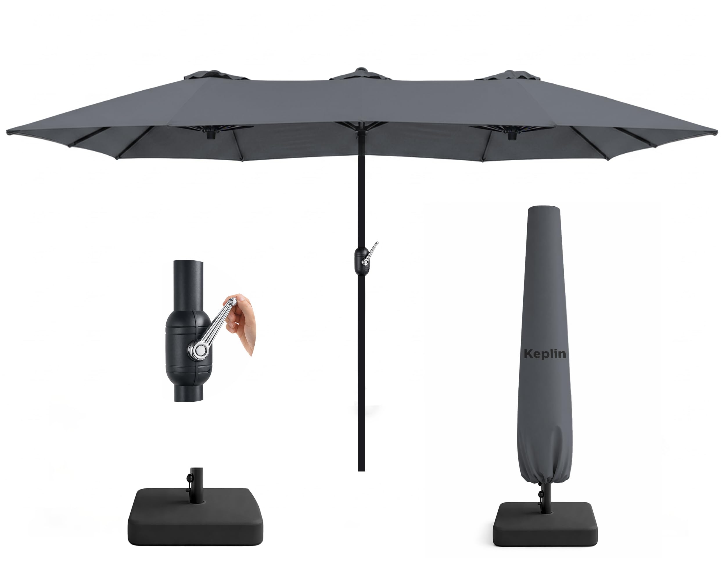 KEPLIN Double Garden Parasol with Base and Cover 4.5x2.7m โ Extra Large Outdoor Patio Umbrella, 12 Steel Ribs, 180gsm Polyester Canopy, Crank Handle, Weather Resistant Shade, UV Protective, Grey