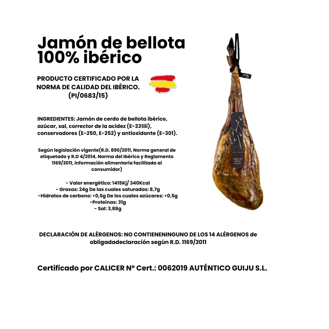 Jamón Ibérico de Bellota 100% Ibérico, Pata Negra, 8-8,5 kg, con Chorizo o Salchichón de Bellota y Cuña de Queso de Oveja y miel natural de encina de regalo, Marca Guiju.Certificado brida negra.