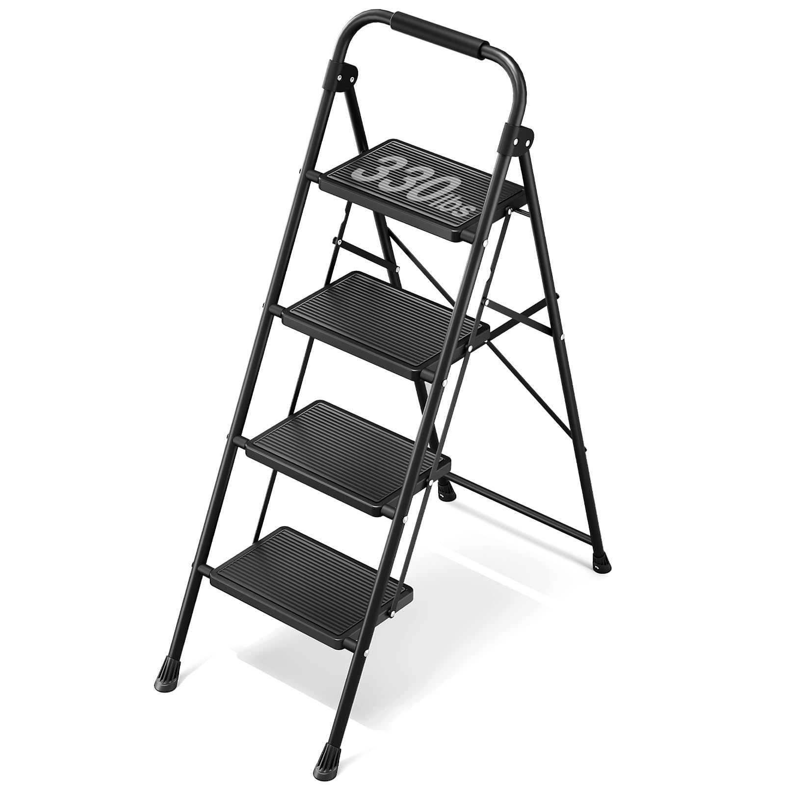 KINGRACK 4 Step Ladder, Folding Ladder with Non-Slip and Wide Pedal, Small Ladder with Handle, Sturdy Steel Step Stool, Lightweight and Portable Step Ladder, Black