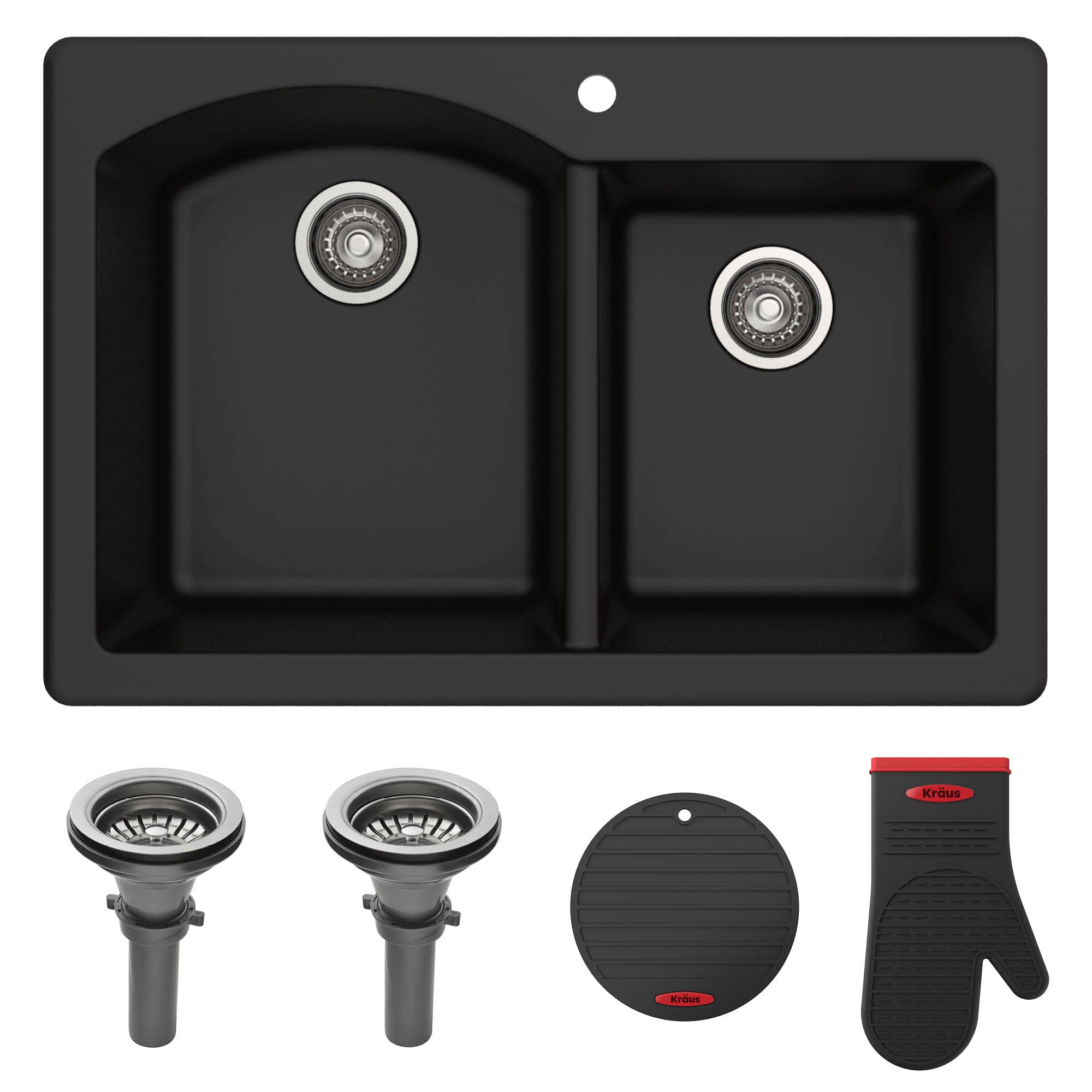 kraus forteza 33-inch drop in/undermount 60/40 double bowl granite kitchen sink in black, kgd-50black