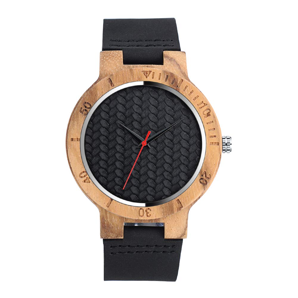 MICGIGIUnisex Simple Scrub Bamboo Wood Watch Minimalist Cowhide Leather Strap Quartz Wrist Watch