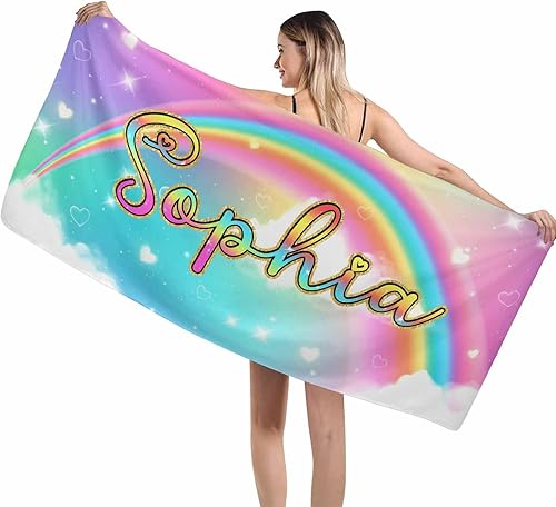 Miniatura 10 de MyPupSocks Toalla de playa personalizada de secado rápido, sin arena, ligera, de gran tamaño, color arcoíris, teñido anudado, nombre único, texto